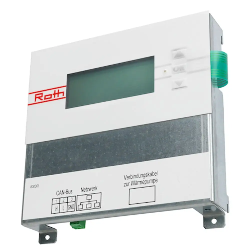 Wandmontiertes Bedienteil von Roth mit einem LCD-Display und Bedientasten. Enthält Anschlussmöglichkeiten für CAN-Bus und Netzwerk.